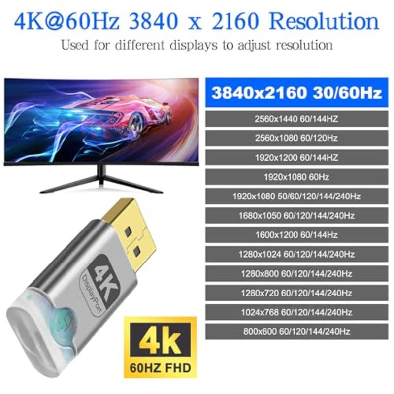 4K DisplayPort Dummy Plug EDID Emulator محول عرض شبح مقطوع الرأس مع مؤشر LED، شاشة افتراضية لسطح المكتب البعيد، تعدين GPU، إعداد الكمبيوتر بدون رأس يدعم 3840x2160@60 هرتز - عبوتان - Image 4