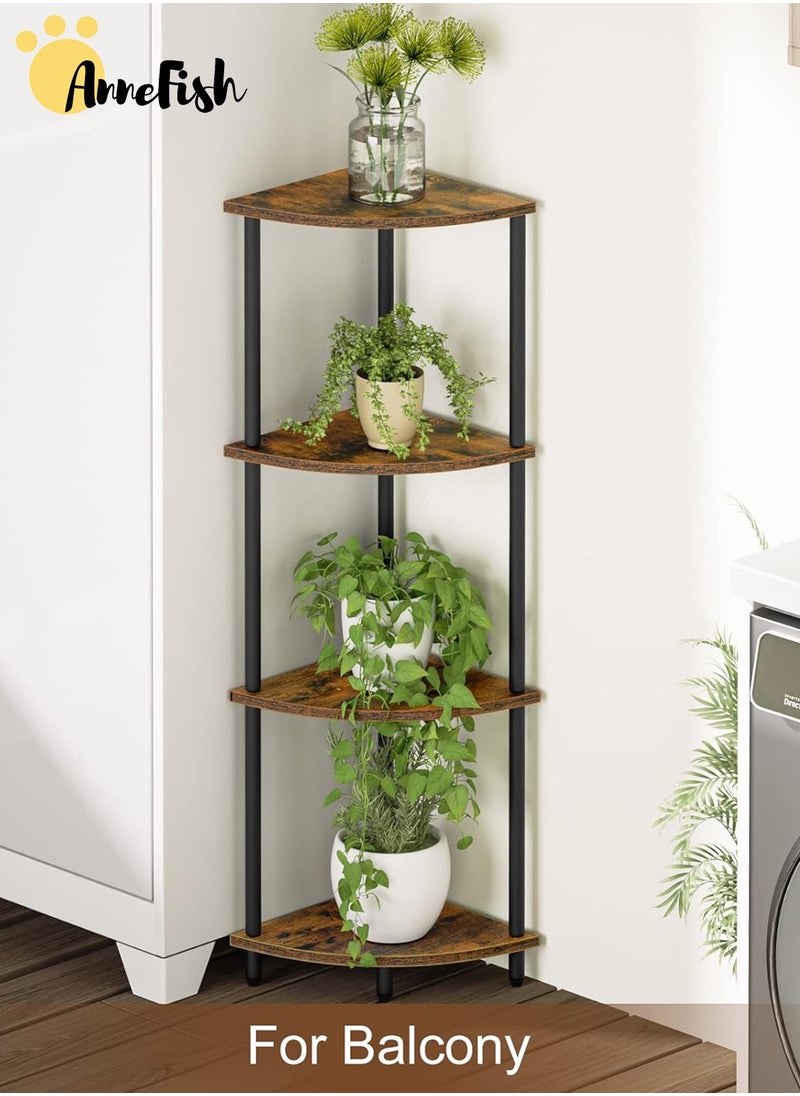 AnneFish 4Tier Corner Shelf Stand Industrial Corner Bookshelf With Metal Frame Plant Corner Display Shelf Corner Bookcase For Bedroom Living Room Rustic Brown  - Image 3
