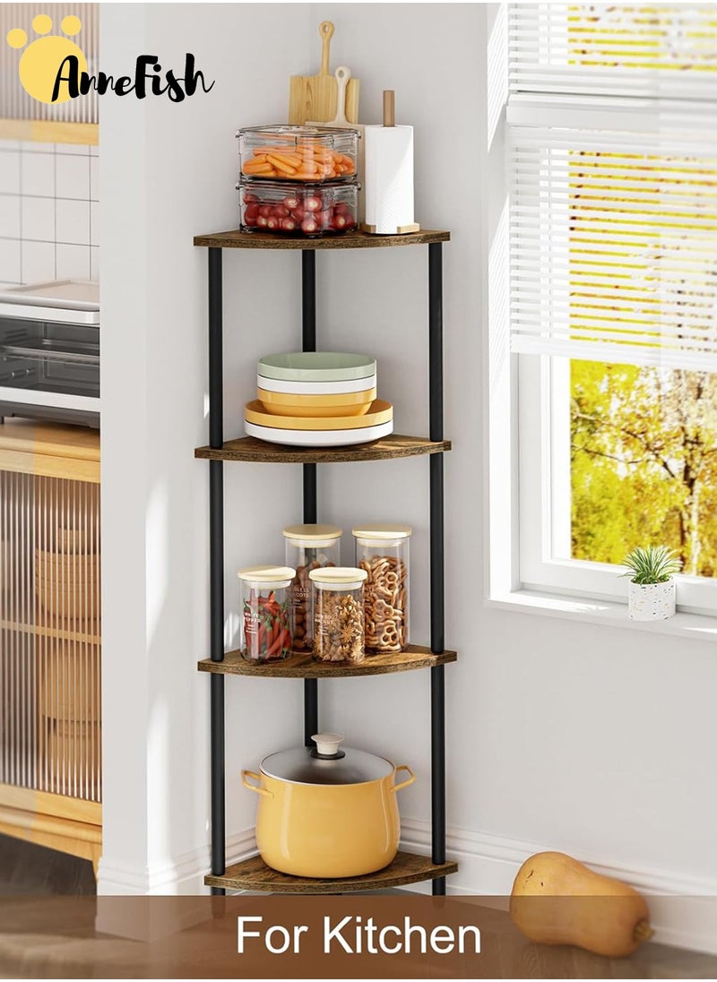 AnneFish 4Tier Corner Shelf Stand Industrial Corner Bookshelf With Metal Frame Plant Corner Display Shelf Corner Bookcase For Bedroom Living Room Rustic Brown  - Image 5
