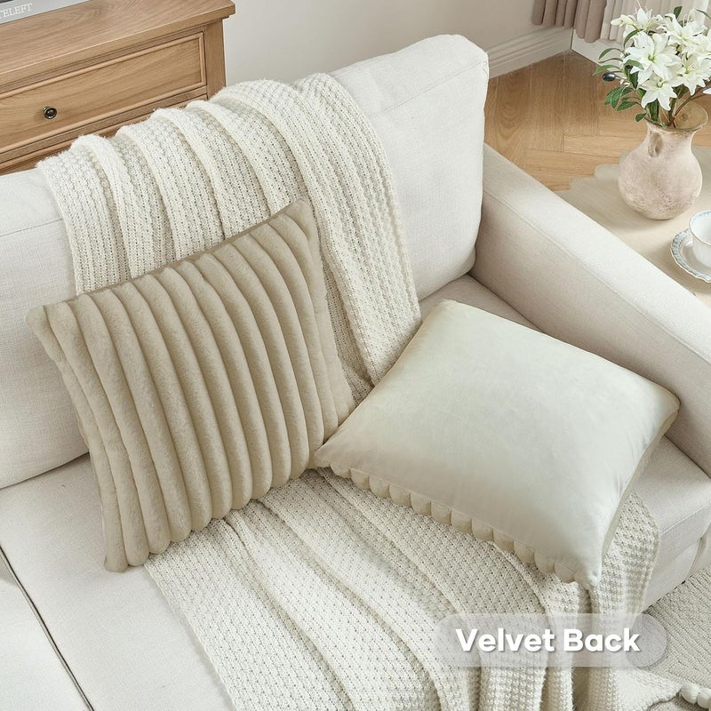 FUTEI Pack of 2 Fluffy Faux Fur Throw Pillow Covers 20x20 Inch Elegant Striped Textured Decorative Cushion Cases Modern Accent Pillow for Couch Bed Living Room, Beige - Image 4