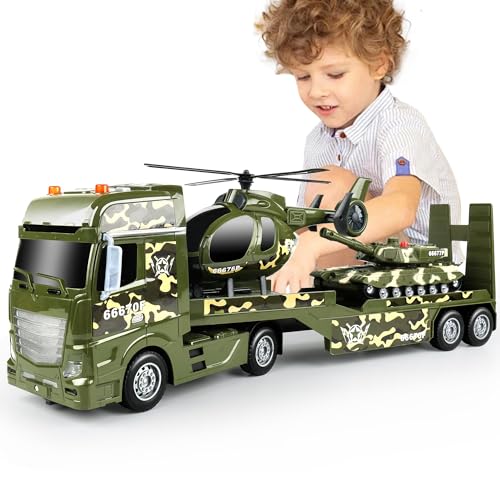 Dwi Dowellin Green Military Big Truck Toys256 Semi Truck Toy with Helicopters and TankArmy Toys with Lights SoundsBirthday Gift for 2 3 4 5 Years Old Boys and Girls - Image 1