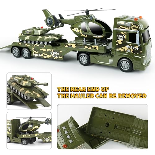 Dwi Dowellin Green Military Big Truck Toys256 Semi Truck Toy with Helicopters and TankArmy Toys with Lights SoundsBirthday Gift for 2 3 4 5 Years Old Boys and Girls - Image 5