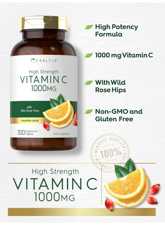 Carlyle Vitamin C 1000Mg | 300 Vegetarian Caplets | Ascorbic Acid With Wild Rose Hips | High Strength Formula | Non-Gmo And Gluten Free Supplement 