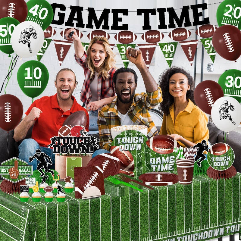 Dydamud Football Party Decorations Include Paper Plates Napkins Cake Topper Banner Balloon Touchdown Tablecloth for Football Birthday Game Day Tailgate Party Decor, Football Party Supplies Kit Serve 24 - Image 3