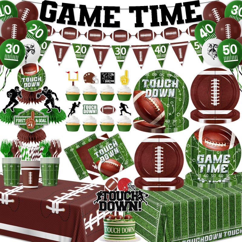 Dydamud Football Party Decorations Include Paper Plates Napkins Cake Topper Banner Balloon Touchdown Tablecloth for Football Birthday Game Day Tailgate Party Decor, Football Party Supplies Kit Serve 24 - Image 1