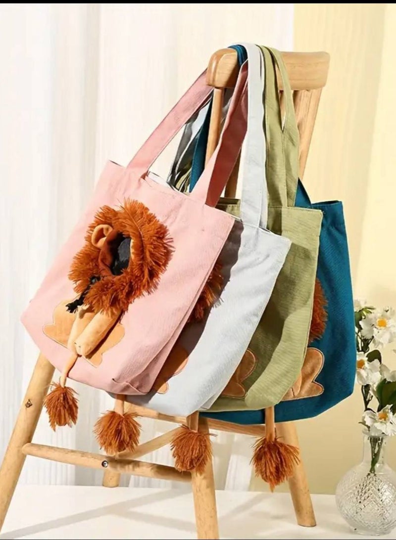 olive green portable shoulder bag for cats and small dogs with lion head design, stylish for outdoor adventure - Image 2