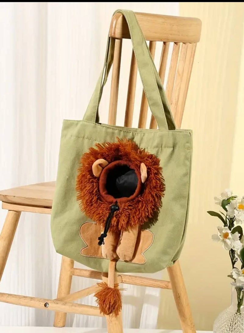 olive green portable shoulder bag for cats and small dogs with lion head design, stylish for outdoor adventure - Image 1