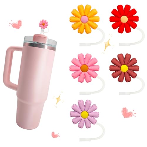 LUBNYSO 5Pcs warm tones Flower Silicone Straw Cover Cap for Stanley Cup, Reusable 10mm (0.4in) - Image 1