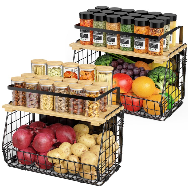 GGIU Magnetic Shelf for Fridge with Wood Lid: 2 Pack Fruit Potato and Onion Storage Bin - Magnetic Spice Rack for Refrigerator & Kitchen Counter - Pantry Organizers and Storage - Image 1