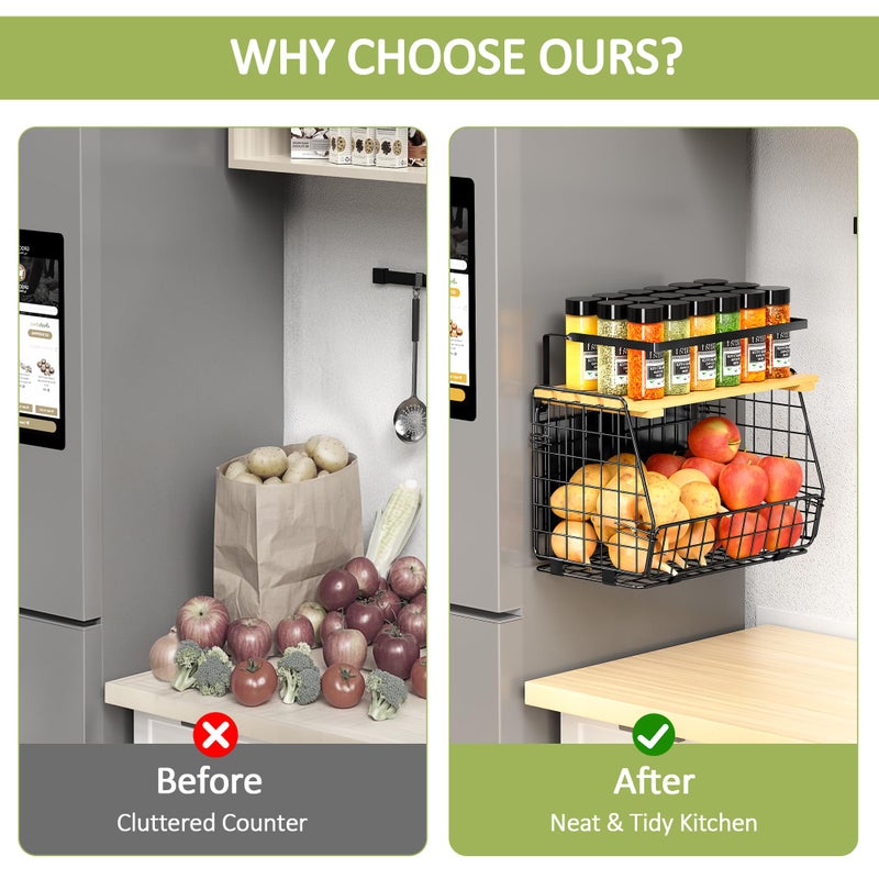 GGIU Magnetic Shelf for Fridge with Wood Lid: 2 Pack Fruit Potato and Onion Storage Bin - Magnetic Spice Rack for Refrigerator & Kitchen Counter - Pantry Organizers and Storage - Image 5