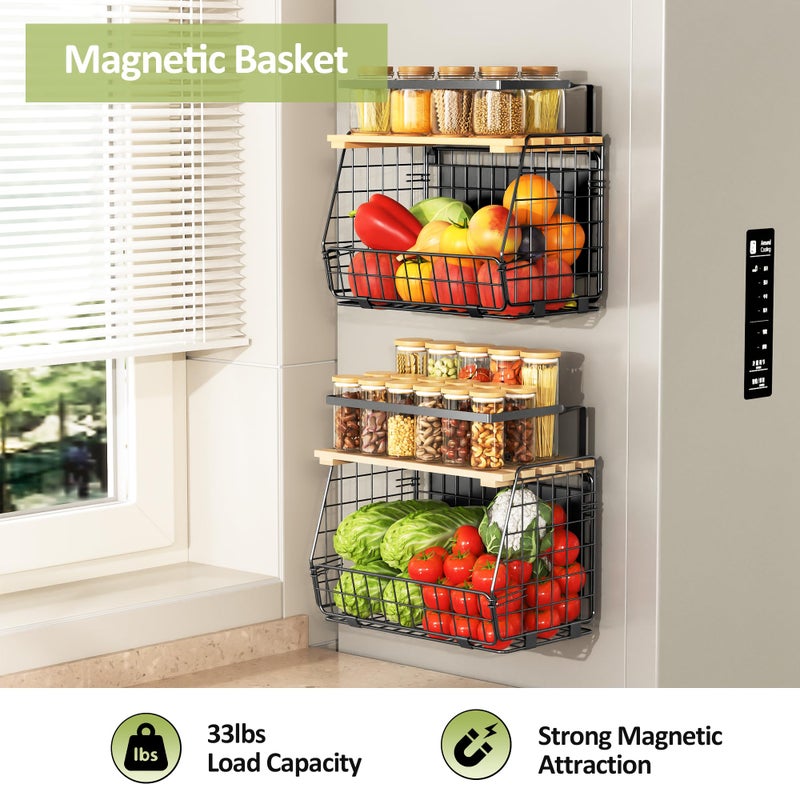 GGIU Magnetic Shelf for Fridge with Wood Lid: 2 Pack Fruit Potato and Onion Storage Bin - Magnetic Spice Rack for Refrigerator & Kitchen Counter - Pantry Organizers and Storage - Image 2
