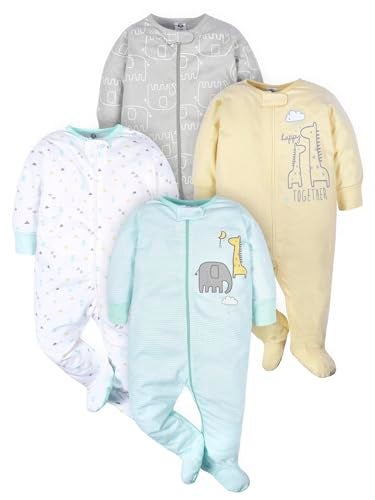 Gerber Unisex Baby 4 Pack Sleep N Play Footie Animals Green Newborn - Image 1