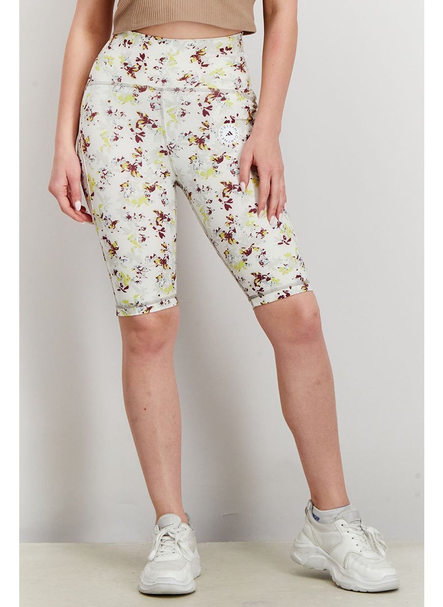 Adidas - Women Sportswear Fit True Purpose Allover Print Cycling Tights, White and Purple and Lime - Image 1