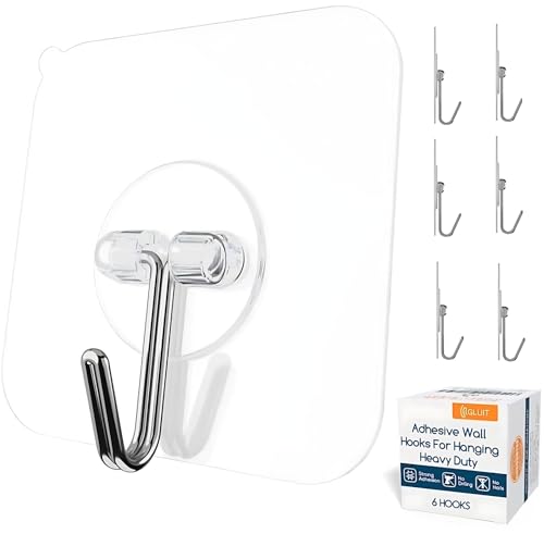 GLUIT Adhesive Wall Hooks for Hanging Heavy Duty 22 lbs Hooks for Walls No Damage, Towel Sticky Clear Hook, Waterproof, Home, Bathroom, Kitchen, Office, and Outdoor 6 Pack - Image 1