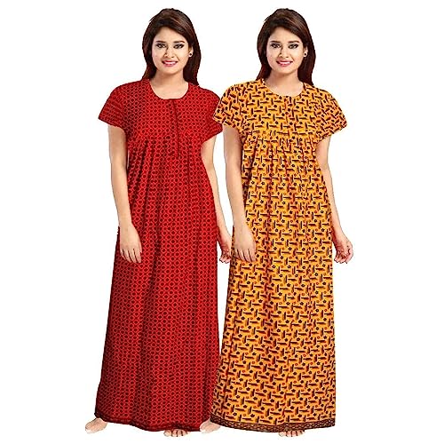 YUKATA Women's Cotton Printed Ankle Length Nighty - Free Size (Pack of 2) (Free Size, RED&Yellow) - Image 1