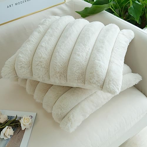 JOJUSIS Pack of 2 Faux Fur Plush Decorative Throw Pillow Covers Couch Cushion Case Soft Fluffy Pillowcases Wide Stripe (Beige, 18 x 18 Inch) - Image 4