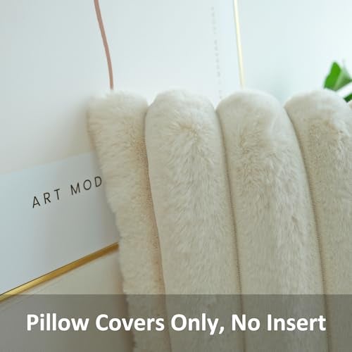 JOJUSIS Pack of 2 Faux Fur Plush Decorative Throw Pillow Covers Couch Cushion Case Soft Fluffy Pillowcases Wide Stripe (Beige, 18 x 18 Inch) - Image 2