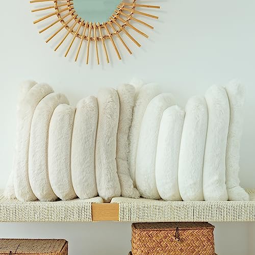 JOJUSIS Pack of 2 Faux Fur Plush Decorative Throw Pillow Covers Couch Cushion Case Soft Fluffy Pillowcases Wide Stripe (Beige, 18 x 18 Inch) - Image 3