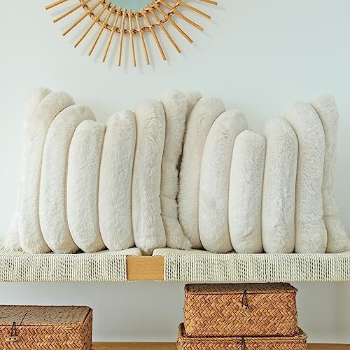 JOJUSIS Pack of 2 Faux Fur Plush Decorative Throw Pillow Covers Couch Cushion Case Soft Fluffy Pillowcases Wide Stripe (Beige, 18 x 18 Inch) - Image 1