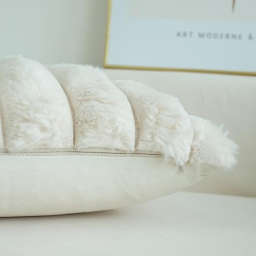 JOJUSIS Pack of 2 Faux Fur Plush Decorative Throw Pillow Covers Couch Cushion Case Soft Fluffy Pillowcases Wide Stripe (Beige, 18 x 18 Inch) - Image 5