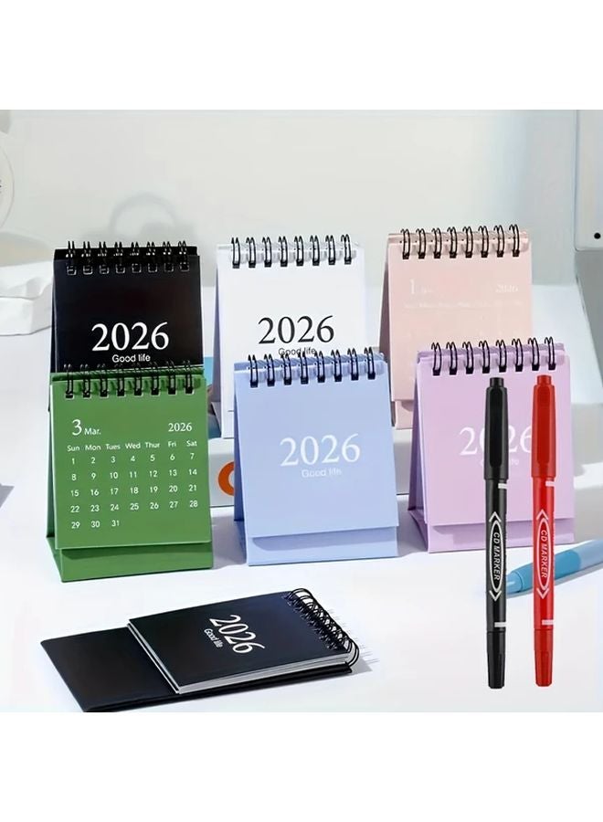 2026 2027 تقويم مكتبي أزرق صغير مع أقلام ماركر مزدوجة الرأس باللونين الأسود والأحمر - Image 2