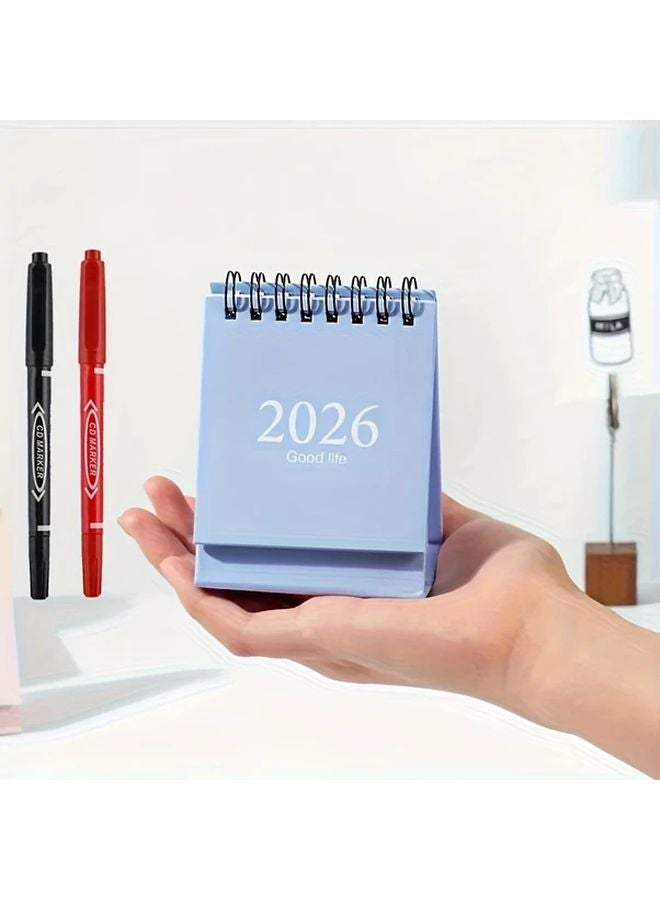 2026 2027 تقويم مكتبي أزرق صغير مع أقلام ماركر مزدوجة الرأس باللونين الأسود والأحمر - Image 4