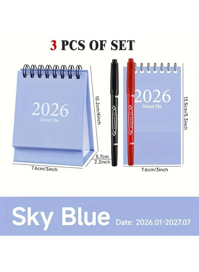 2026 2027 تقويم مكتبي أزرق صغير مع أقلام ماركر مزدوجة الرأس باللونين الأسود والأحمر - Image 1