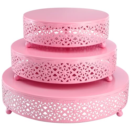 Hedume 3-Piece Metal Cake Stand Set, Pink Round Cake Stand, Dessert Cupcake Pastry Candy Display Plate for Wedding, Birthday Party, Event - Image 1