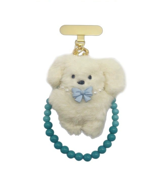 Handmade plush puppy mobile phone charm, featuring turquoise-coloured rhinestone beads - Image 1