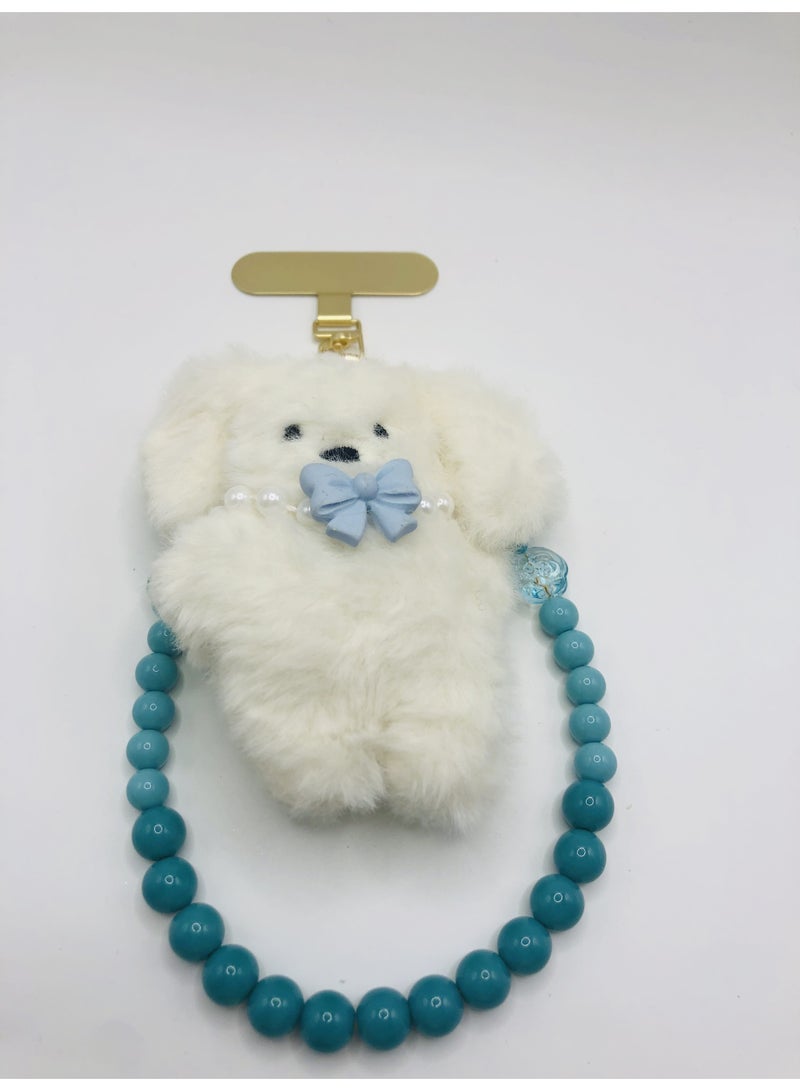 Handmade plush puppy mobile phone charm, featuring turquoise-coloured rhinestone beads - Image 3