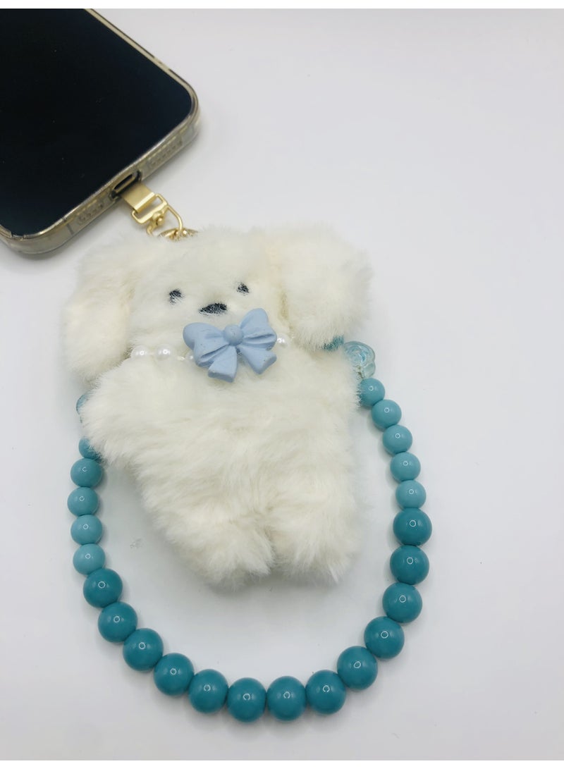 Handmade plush puppy mobile phone charm, featuring turquoise-coloured rhinestone beads - Image 4