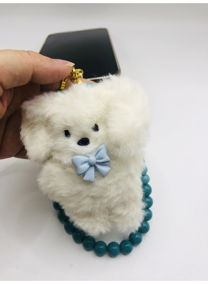 Handmade plush puppy mobile phone charm, featuring turquoise-coloured rhinestone beads - Image 5