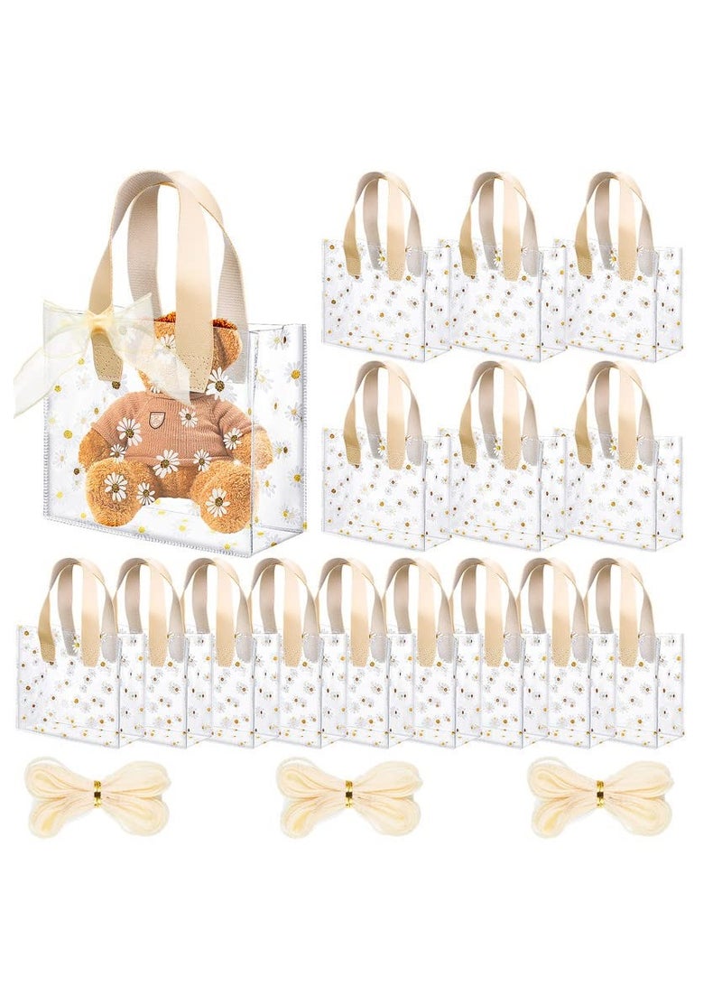 SYOSI 16 Pcs Clear Plastic Gift Bags with Handle Transparent Gift Bag with 3 Pcs Fishtail Ribbon Reusable PVC Bags for Bridal Party Baby Shower Wedding Birthday Shopping Bag 20cm*10cm *17cm (Beige) - Image 1
