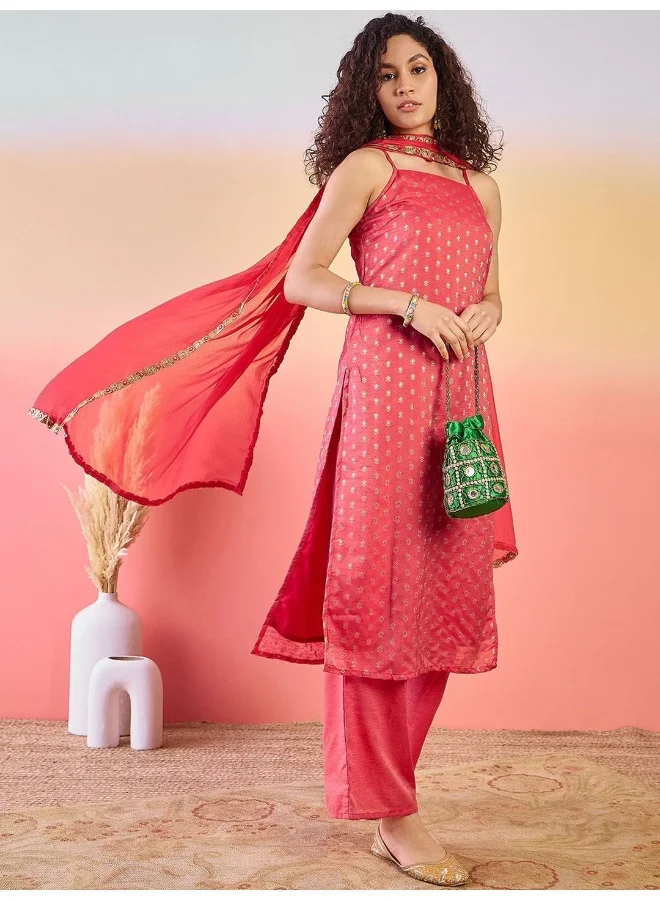 AKS Red Jacquard Chanderi Kurta Set