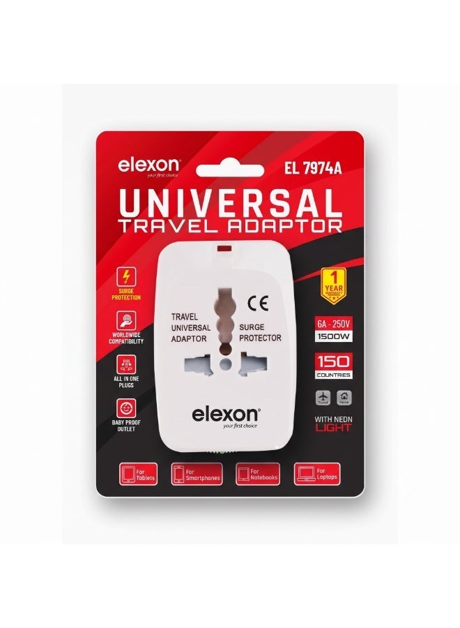 Elexon EL 7974A Universal Travel Adapter with Surge Protector and Neon Light, Worldwide Compatibility (UK, EU, US, AU Plugs), 1500W Max Power - Image 2