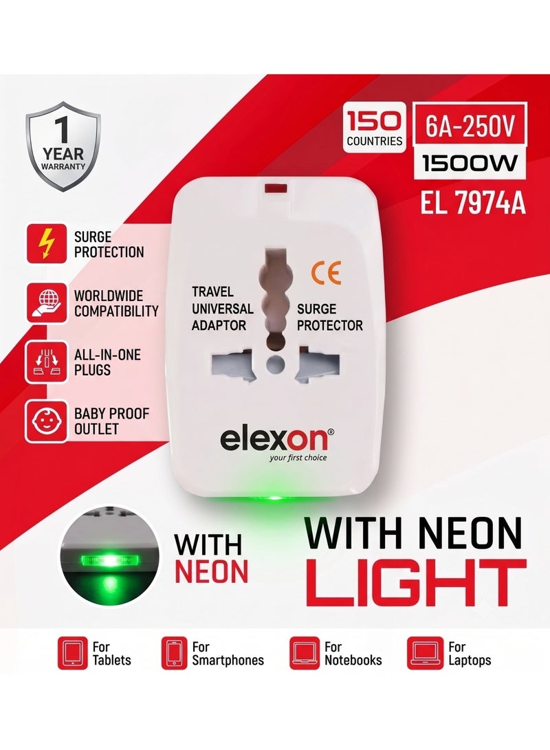 Elexon EL 7974A Universal Travel Adapter with Surge Protector and Neon Light, Worldwide Compatibility (UK, EU, US, AU Plugs), 1500W Max Power - Image 4