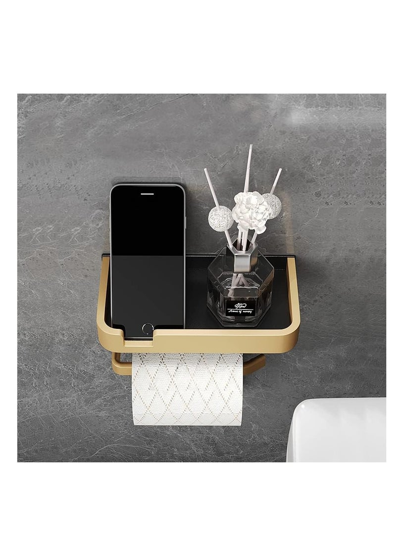 SYOSI - Toilet Paper Holder, with Shelf Adhesive Wall Mounted, No Drill Aluminium Alloy Stainless and Rustproof, Dispenser Bathroom Organizer Storage Rack Matte, Black Gold - Image 1