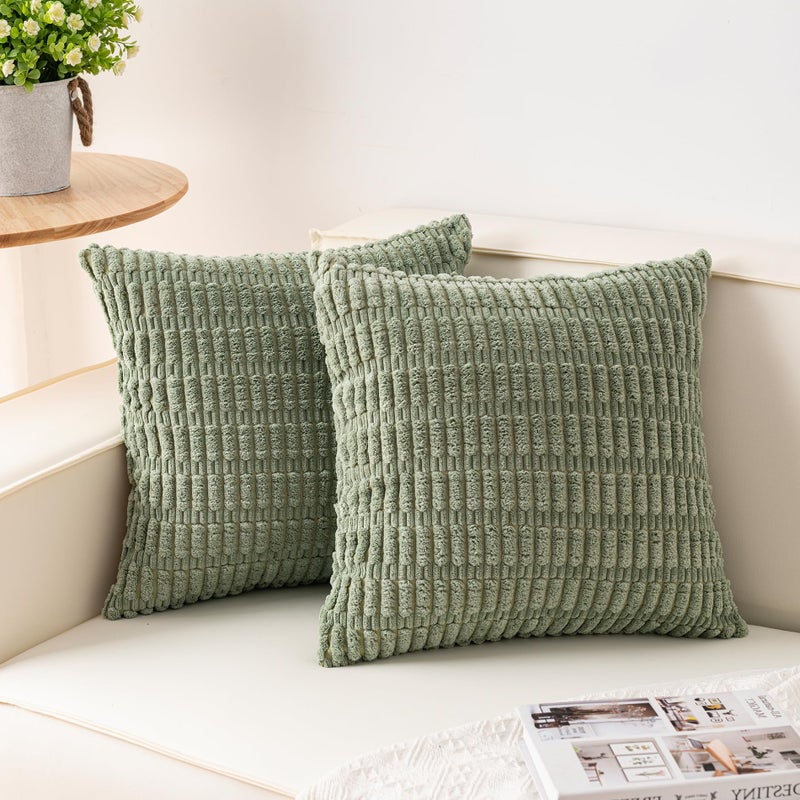 Aegero Pack of 2 Corduroy Decorative Throw Pillow Covers 16x16 Inch Soft Striped Pillow Covers Modern Farmhouse Home Decor for Sofa Living Room Couch Bedï¼ˆSage Greenï¼‰ - Image 1