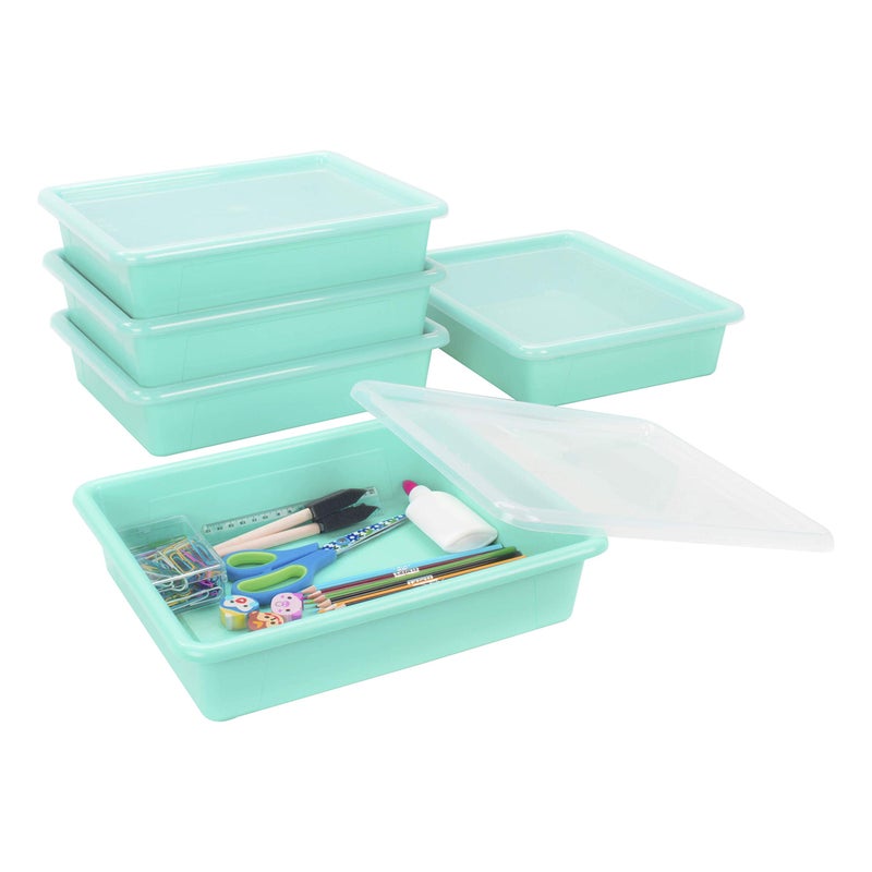 Storex Letter Size Flat Storage Tray â€“ Organizer Bin with Non-Snap Lid for Classroom, Office and Home, Teal, 5-Pack (62541U05C) - Image 1