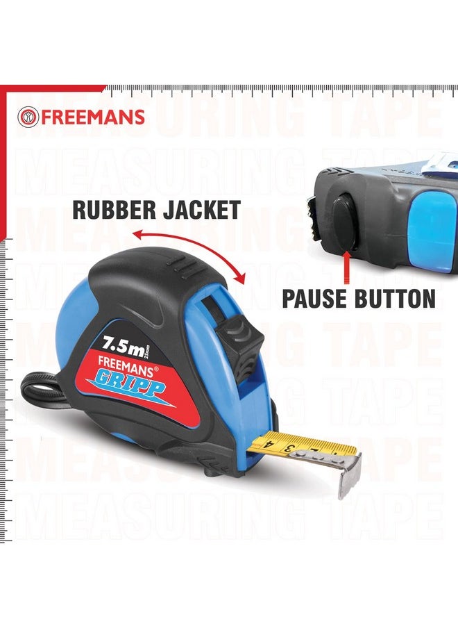 FREEMANS FREEMANS GRIPP 7.5m:25mm Steel Inchi Measuring Tape - 7.5m (Blue) With Rubberized Unbreakable ABS case || Pause Button || Click Action Front Lock and Belt Clip  - Image 5