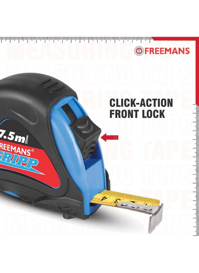 FREEMANS FREEMANS GRIPP 7.5m:25mm Steel Inchi Measuring Tape - 7.5m (Blue) With Rubberized Unbreakable ABS case || Pause Button || Click Action Front Lock and Belt Clip  - Image 3