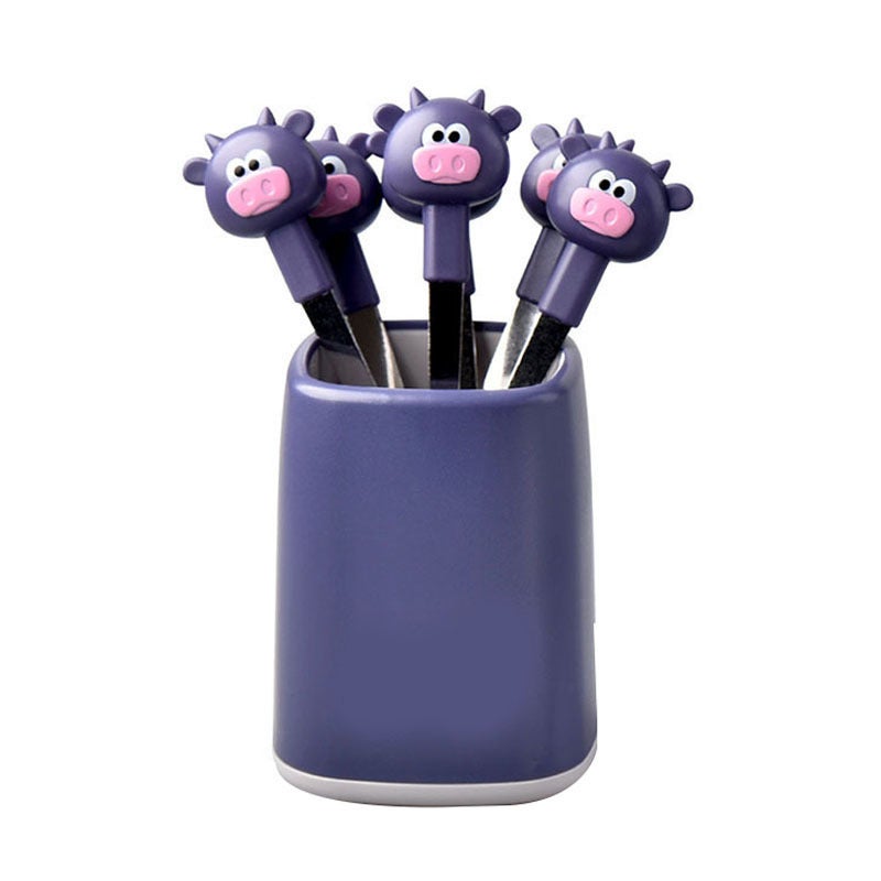 RIANCY 6PCS Fruit Fork Set for Kids Stainless Steel Cute Cartoon Calf Animal Food Picks Dessert Forks for for Bento Lunch Box Party Purple - Image 1