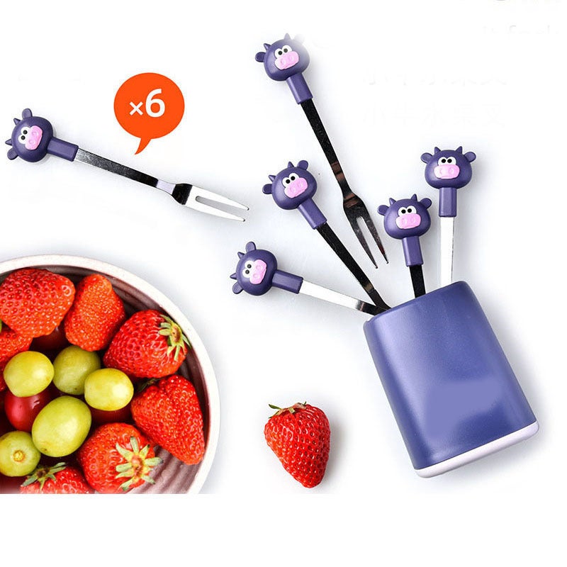 RIANCY 6PCS Fruit Fork Set for Kids Stainless Steel Cute Cartoon Calf Animal Food Picks Dessert Forks for for Bento Lunch Box Party Purple - Image 5