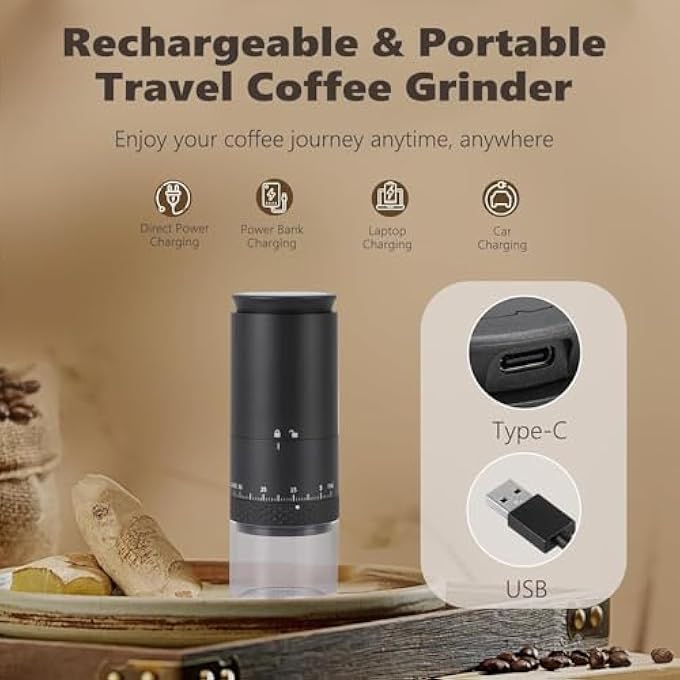Azonee Portable Burr Coffee Grinder Lcd Screen Mini Coffee With Clean Brush 38 Adjustable Grind Settings Compact Cordless Travel Grinder For Espresso Cold Brew Pour Over French Press - Image 5