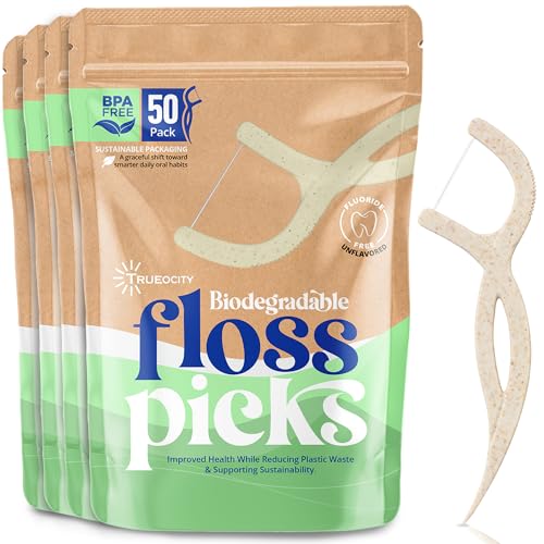 Trueocity Biodegradable Floss Picks, 200 Count, 4 Cases, Dental Floss Picks that are Plant-Based, Non-Toxic flossers Biodegradable, Sustainable Vegan Floss, Also eco-Friendly Tooth flossers,Oral Care Solution - Image 1