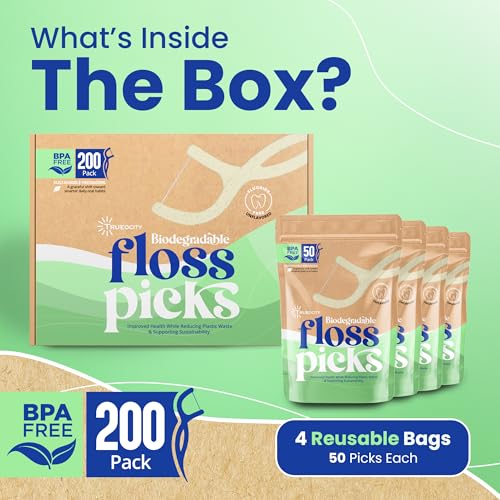 Trueocity Biodegradable Floss Picks, 200 Count, 4 Cases, Dental Floss Picks that are Plant-Based, Non-Toxic flossers Biodegradable, Sustainable Vegan Floss, Also eco-Friendly Tooth flossers,Oral Care Solution - Image 2