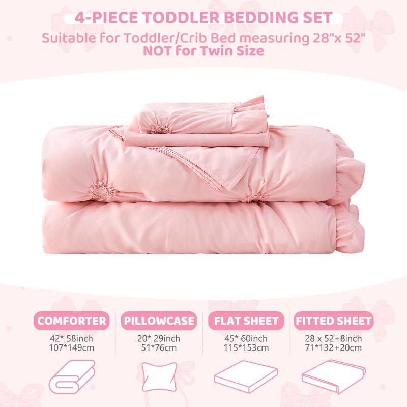 Wowelife Princess Toddler Bedding Set for Girls, Boho Toddler Bed Set, 4 Pieces Ruffles Jacquard Embroidery Toddler Comforter with Comforter, Fitted Sheet, Flat Sheet and Pillowcase, Pink - Image 5