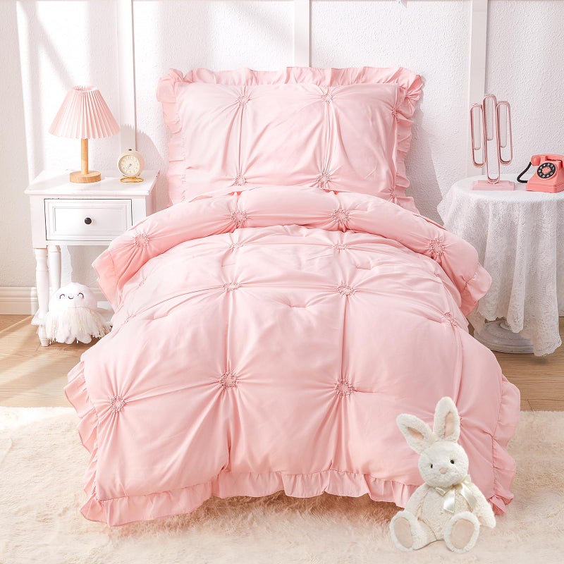 Wowelife Princess Toddler Bedding Set for Girls, Boho Toddler Bed Set, 4 Pieces Ruffles Jacquard Embroidery Toddler Comforter with Comforter, Fitted Sheet, Flat Sheet and Pillowcase, Pink - Image 1