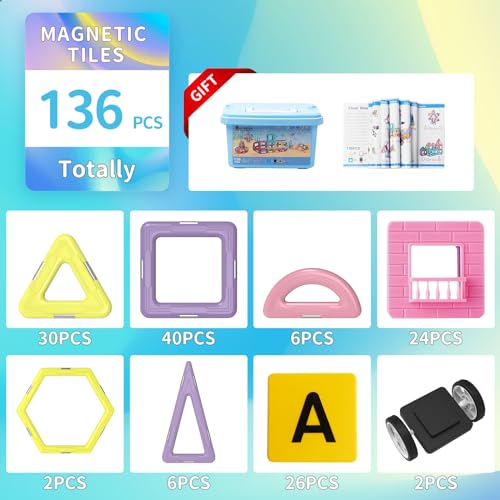 TOKBLOK Magnetic Tiles Building Blocks Toys for Kids 136 Pieces 3D Creative Castle Construction Magnetic Stacking Set Preschool Intelligence STEM Toys for Girls Boys Age 3years and Up Educational Set - Image 5