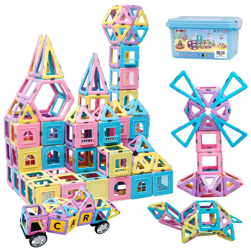 TOKBLOK Magnetic Tiles Building Blocks Toys for Kids 136 Pieces 3D Creative Castle Construction Magnetic Stacking Set Preschool Intelligence STEM Toys for Girls Boys Age 3years and Up Educational Set - Image 2